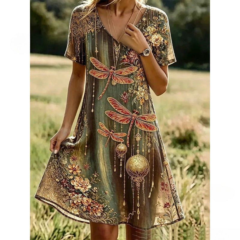 Women’s Boho Floral Print V-Neck Summer Dress – Lightweight Vacation Beach Midi Dress