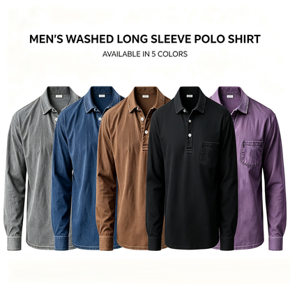 ⏰WAREHOUSE CLEARANCE⚡10 Pack for $32.99⚡Men’s Washed Long Sleeve Polo Shirt with Chest Pocket