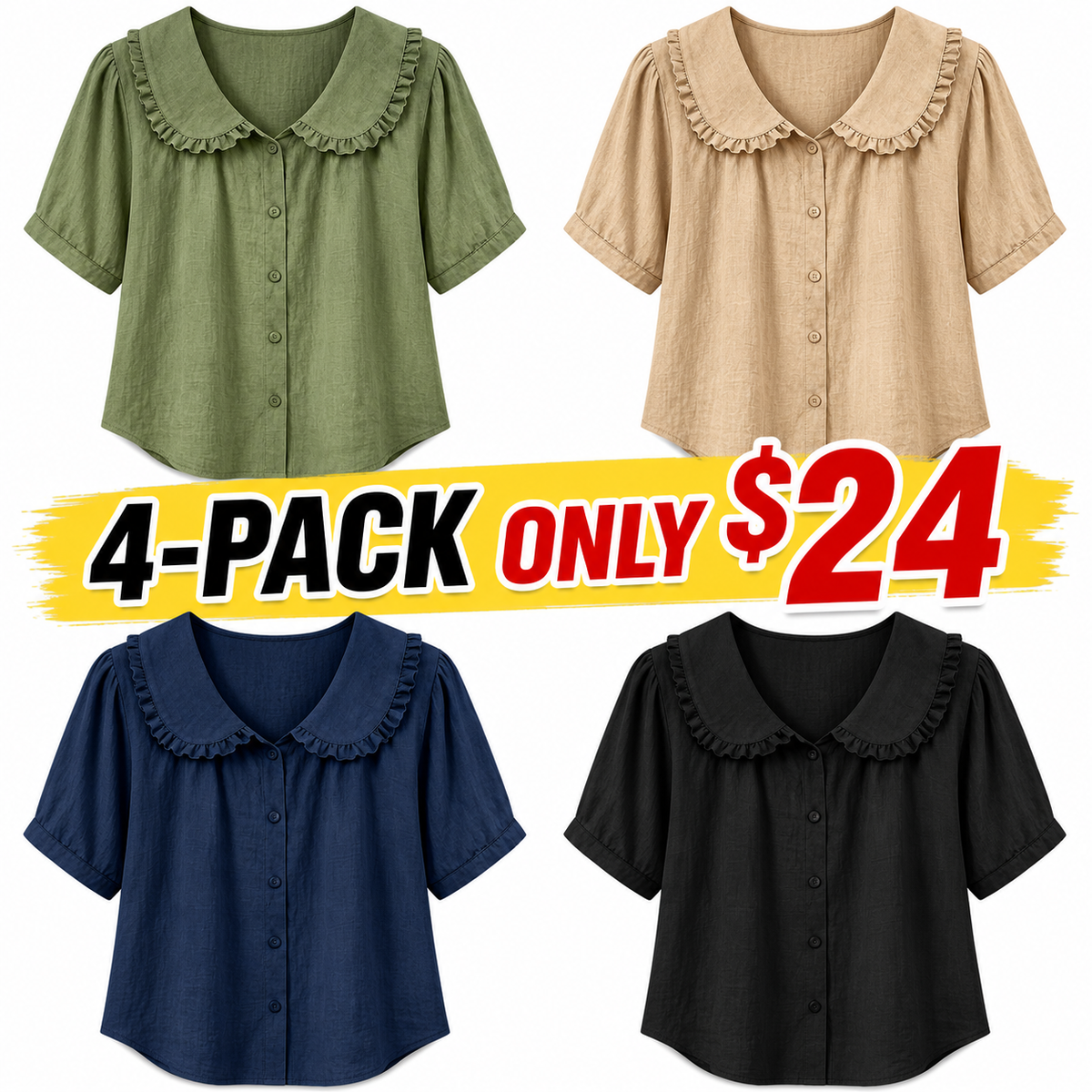 ⏰16-Pack Only $35👕 Women's Ruffle Trim Collared Button-Up Short Sleeve Shirt - Limited Stock Once They’re Gone, They’re Gone!