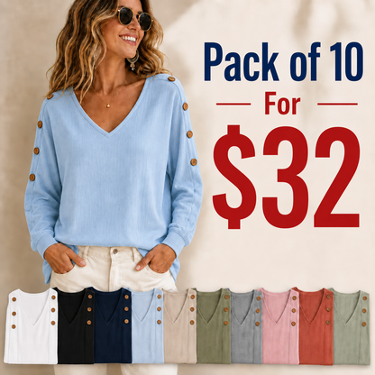 ⏰Clearance Sale⚡20-Pack Only $38⚡Women's V-Neck Button Sleeve Linen Blouse
