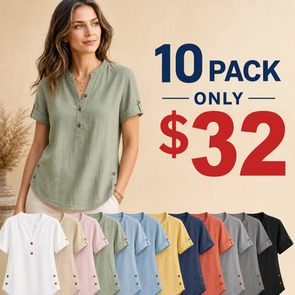 ⏰Clearance Sale⚡10 Pack Only $32⚡Women's Linen Mandarin Collar T-Shirt