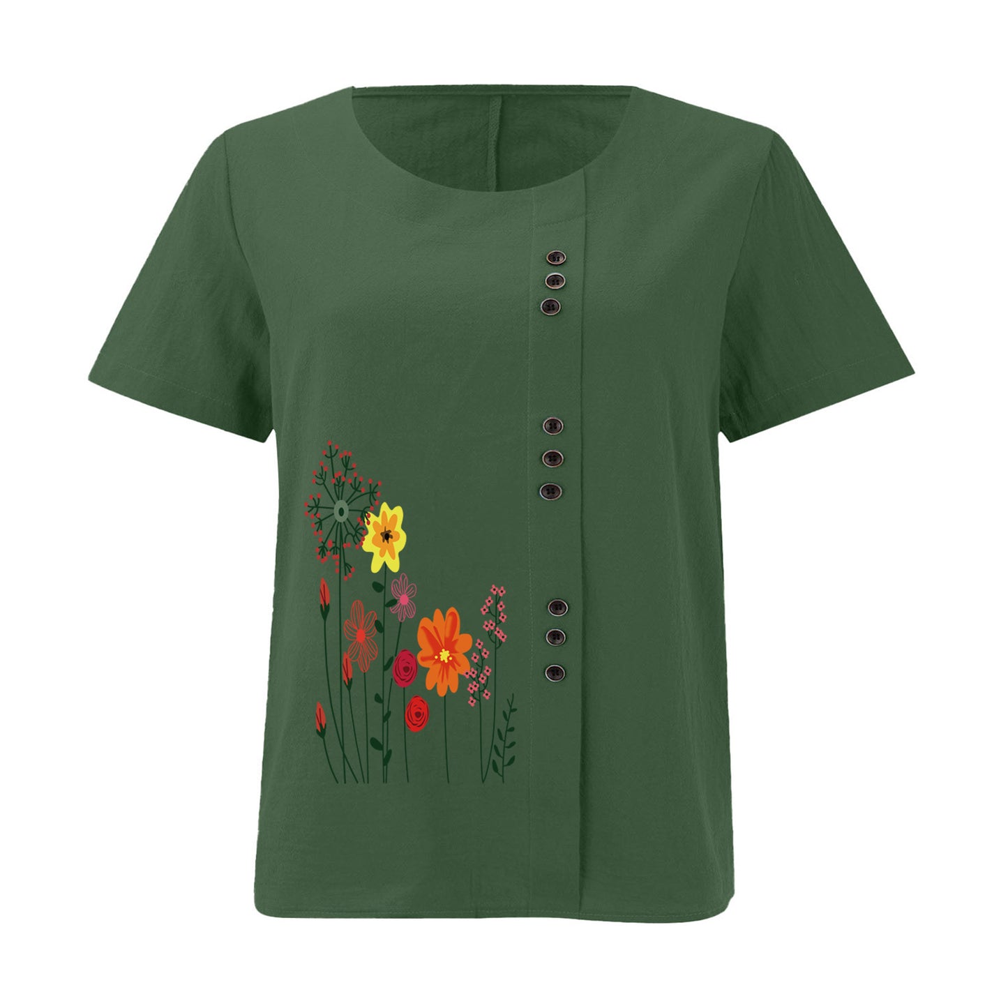 Women’s Floral Print Side Button Top – Casual Elegant Short Sleeve Blouse