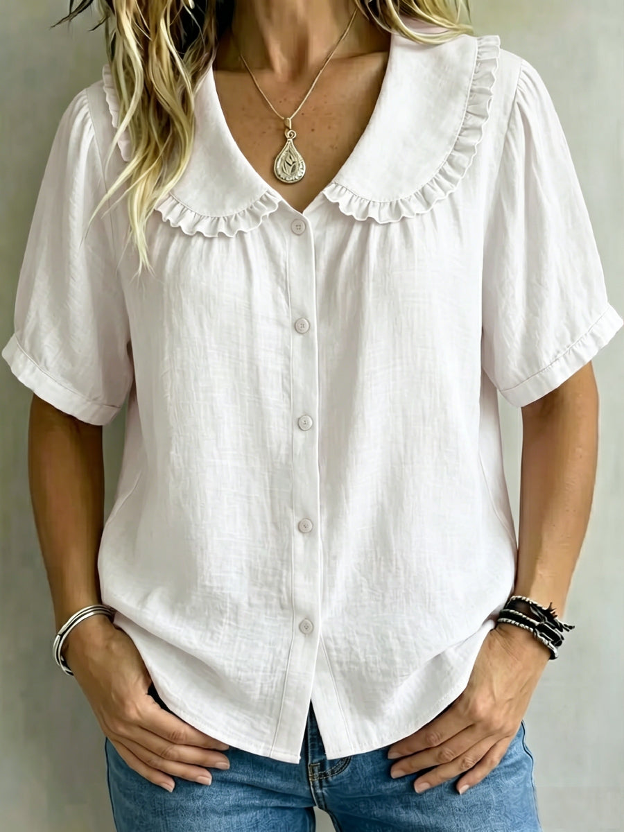 ⏰16-Pack Only $35👕 Women's Ruffle Trim Collared Button-Up Short Sleeve Shirt - Limited Stock Once They’re Gone, They’re Gone!