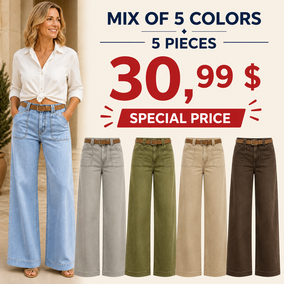 ⏰Clearance Sale⚡10-Pack for €38.99⚡Women’s Wide-Leg Jeans with Patch Pockets & Relaxed Fit