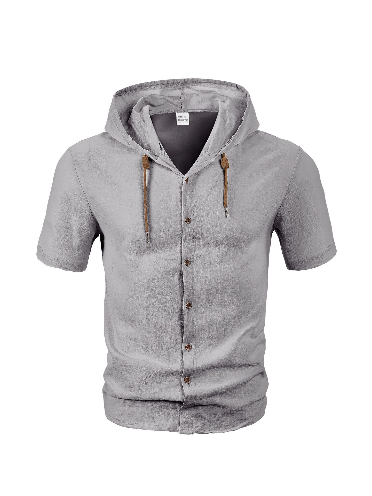 Men’s casual linen short-sleeve hooded shirt.