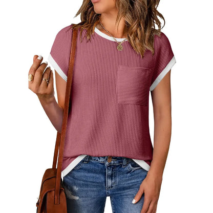 ❤️Women's Crewneck Short Sleeve Color Block Ribbed Knitwear Slim Fitted Blouses Tops