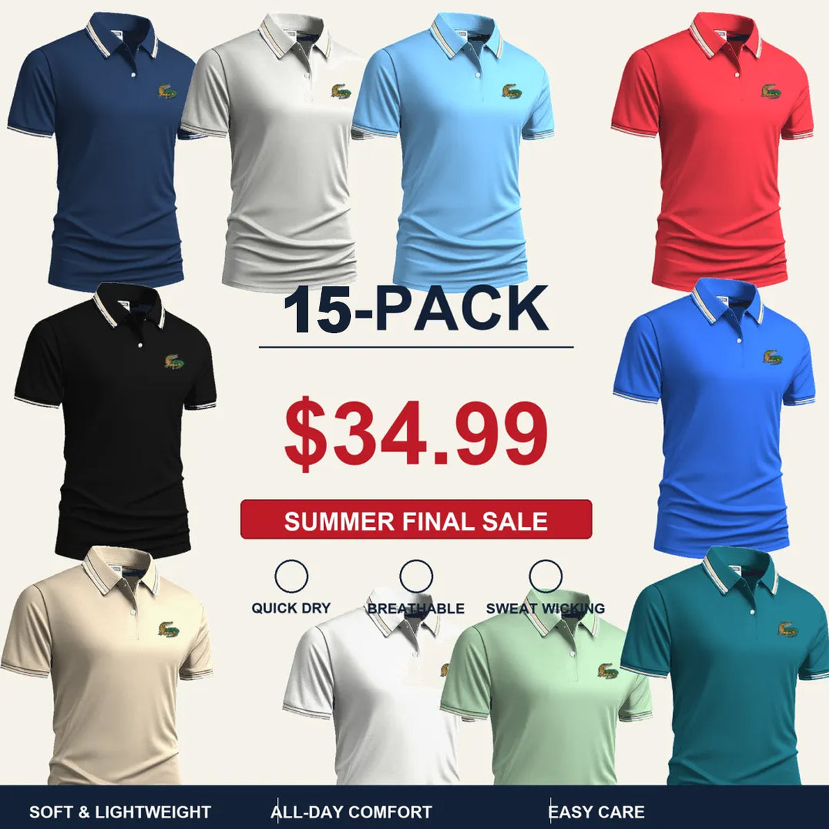 SUMMER FINAL SALE - Men's Quick Dry Breathable Polo Shirt 15-Pack $34.99