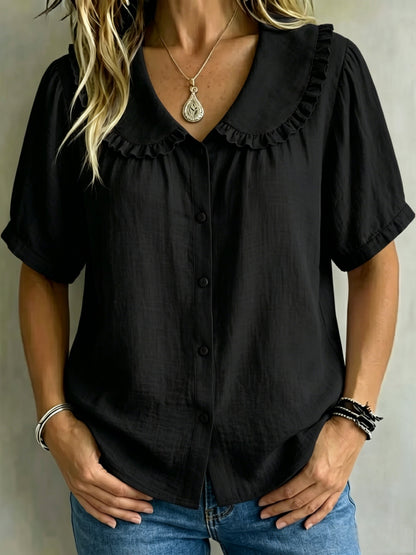 ⏰16-Pack Only $35👕 Women's Ruffle Trim Collared Button-Up Short Sleeve Shirt - Limited Stock Once They’re Gone, They’re Gone!