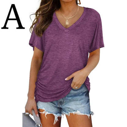 SwimWeek Womens Short Sleeve V Neck Dolman Tops with Side Shirring Loose Fit Shirts