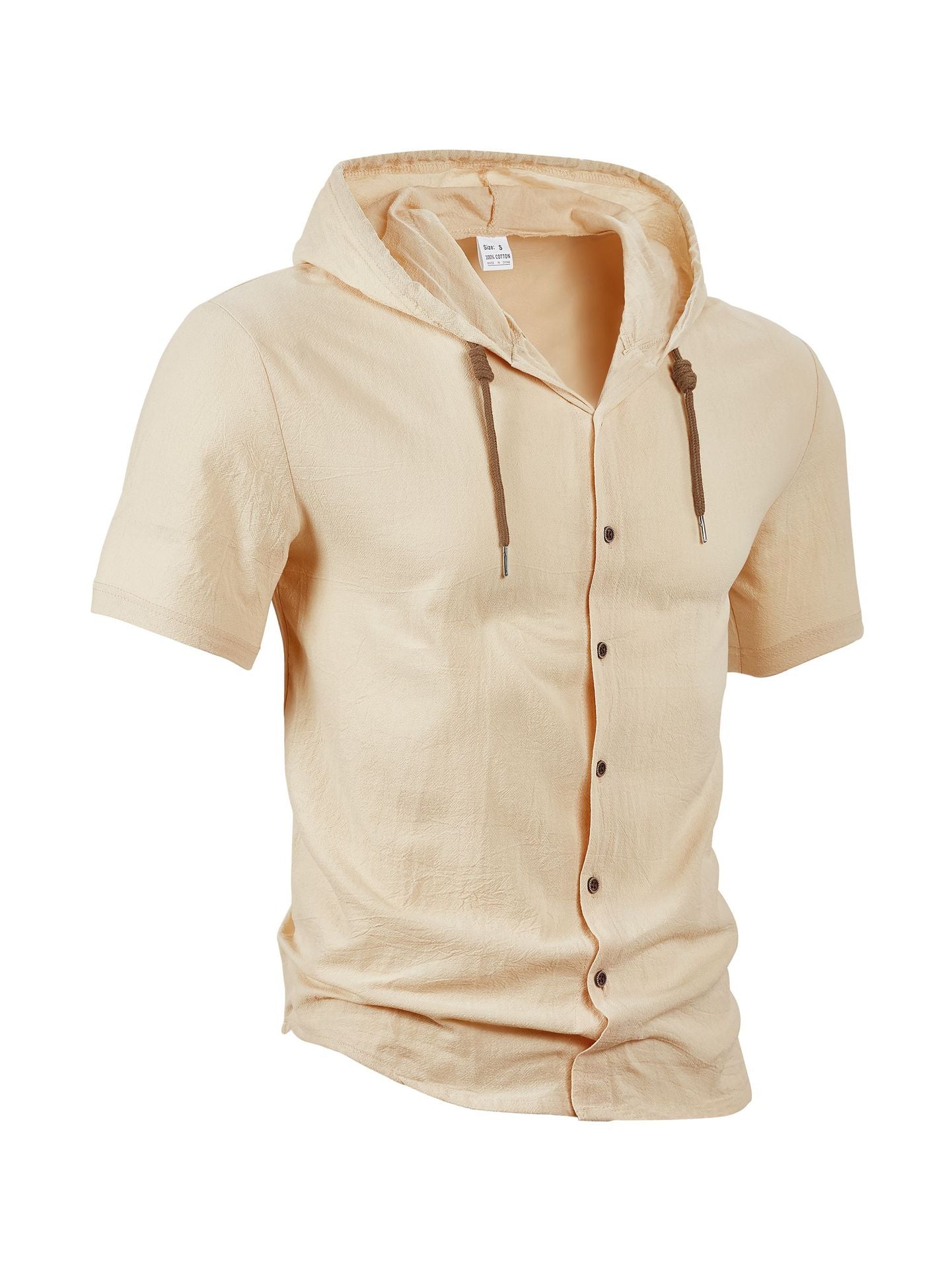 Men’s casual linen short-sleeve hooded shirt.