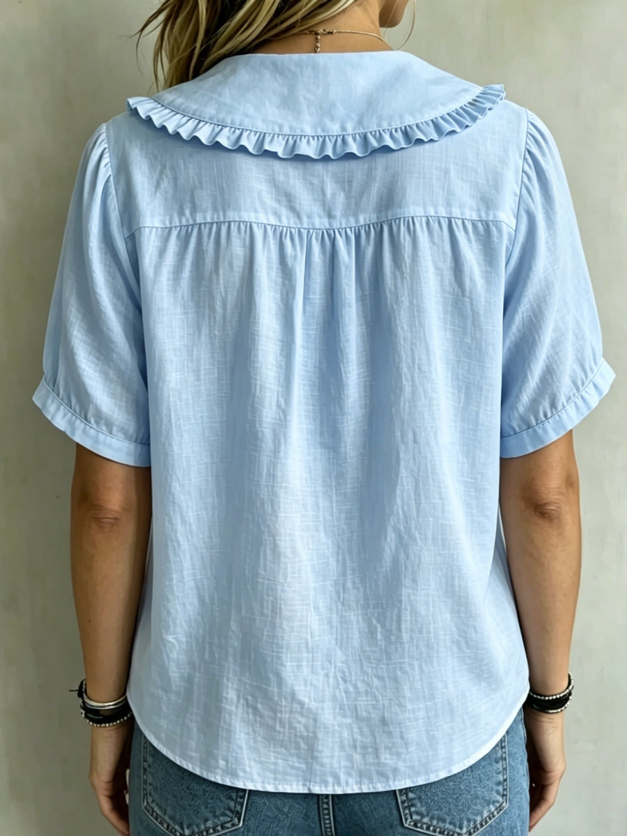 ⏰16-Pack Only $35👕 Women's Ruffle Trim Collared Button-Up Short Sleeve Shirt - Limited Stock Once They’re Gone, They’re Gone!