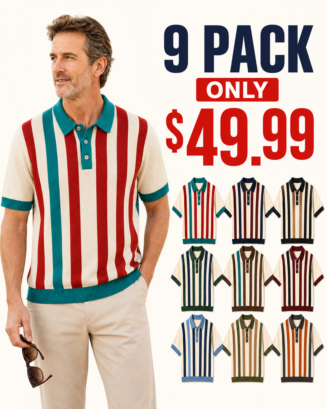 🔥CLEARANCE SALE 9-pack for $49.99🔥 Retro Stripe Knit Polo Shirt