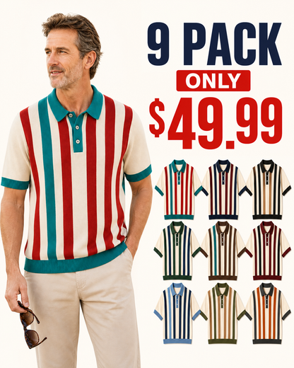 🔥CLEARANCE SALE 9-pack for $49.99🔥 Retro Stripe Knit Polo Shirt