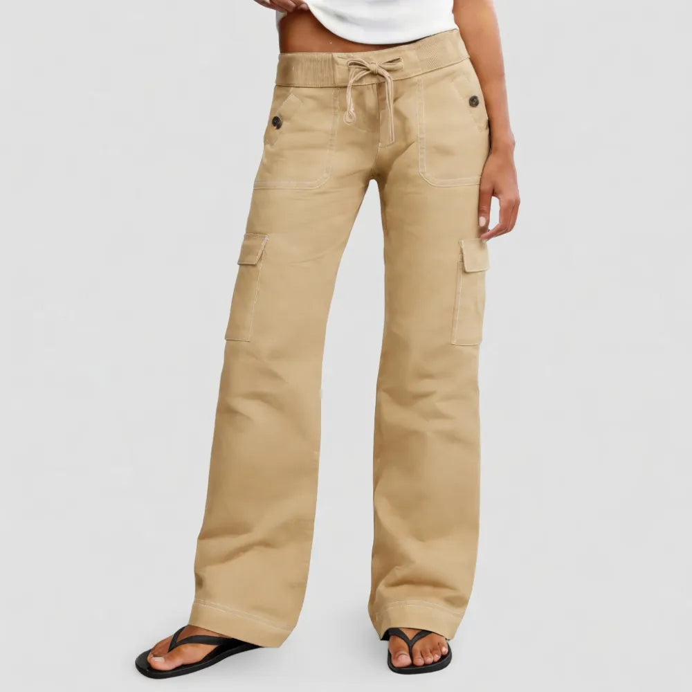 ⚡FINAL SALE⚡ Women's Wide Leg Cargo Pants - Stretchy Waist Casual Workwear with Contrast Stitching