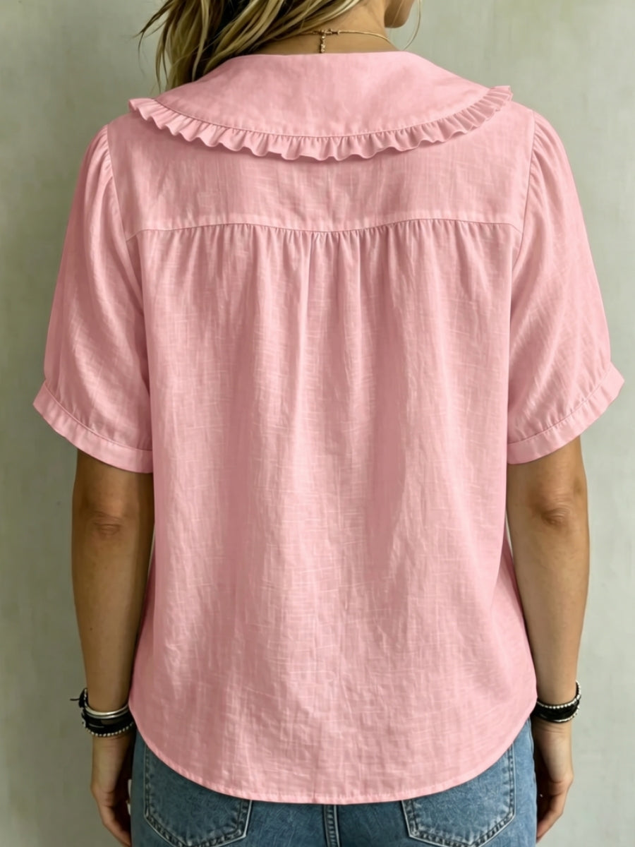 ⏰16-Pack Only $35👕 Women's Ruffle Trim Collared Button-Up Short Sleeve Shirt - Limited Stock Once They’re Gone, They’re Gone!