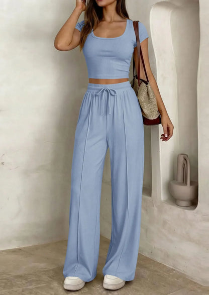 ⚡FINAL SALE⚡ Women's 2 Piece Outfits Square Neck Crop Top High Waist Wide Leg Pants Loungewear Set