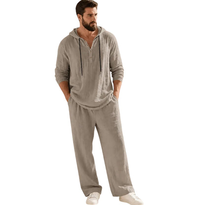 ⏰Clearance Sale⚡10-Sets Only $37.99 ⚡ Two-Piece Linen Set with Hooded Henley Top and Relaxed Trousers