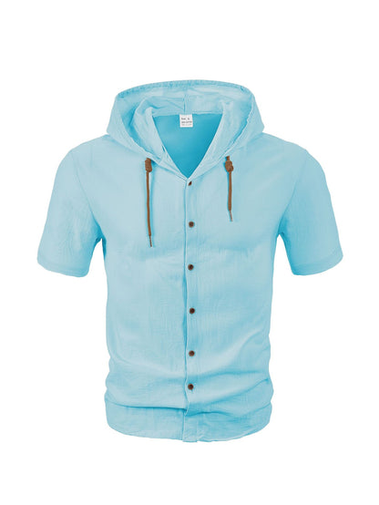 Men’s casual linen short-sleeve hooded shirt.
