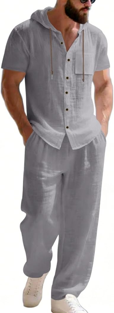 🔥Men’s Linen Hooded Short Sleeve Shirt & Pants Set – Lightweight Breathable Summer Casual 2-Piece Outfit