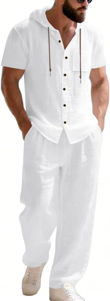 🔥Men’s Linen Hooded Short Sleeve Shirt & Pants Set – Lightweight Breathable Summer Casual 2-Piece Outfit
