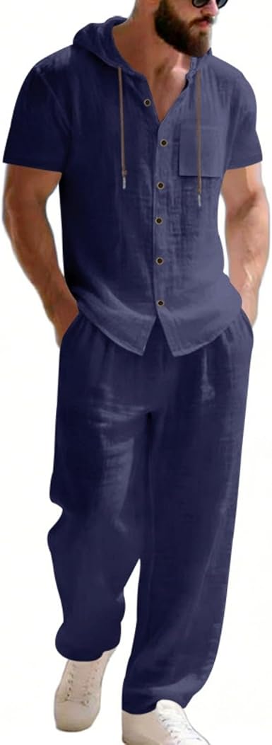 🔥Men’s Linen Hooded Short Sleeve Shirt & Pants Set – Lightweight Breathable Summer Casual 2-Piece Outfit