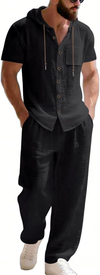 🔥Men’s Linen Hooded Short Sleeve Shirt & Pants Set – Lightweight Breathable Summer Casual 2-Piece Outfit