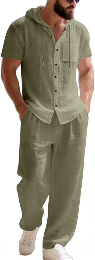 🔥Men’s Linen Hooded Short Sleeve Shirt & Pants Set – Lightweight Breathable Summer Casual 2-Piece Outfit