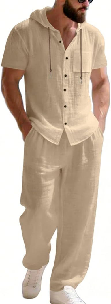 🔥Men’s Linen Hooded Short Sleeve Shirt & Pants Set – Lightweight Breathable Summer Casual 2-Piece Outfit