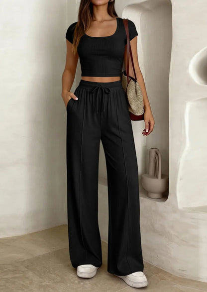 ⚡FINAL SALE⚡ Women's 2 Piece Outfits Square Neck Crop Top High Waist Wide Leg Pants Loungewear Set