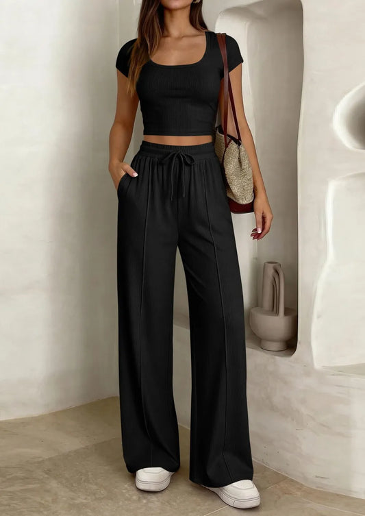 ⚡FINAL SALE⚡ Women's 2 Piece Outfits Square Neck Crop Top High Waist Wide Leg Pants Loungewear Set