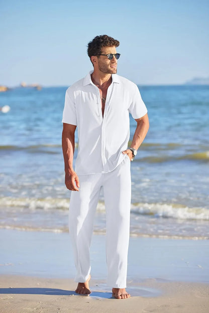 Men's 2 Piece Outfit Casual Short Sleeve Button Down Shirt Beach Summer Loose Pant Sets