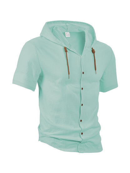 Men’s casual linen short-sleeve hooded shirt.