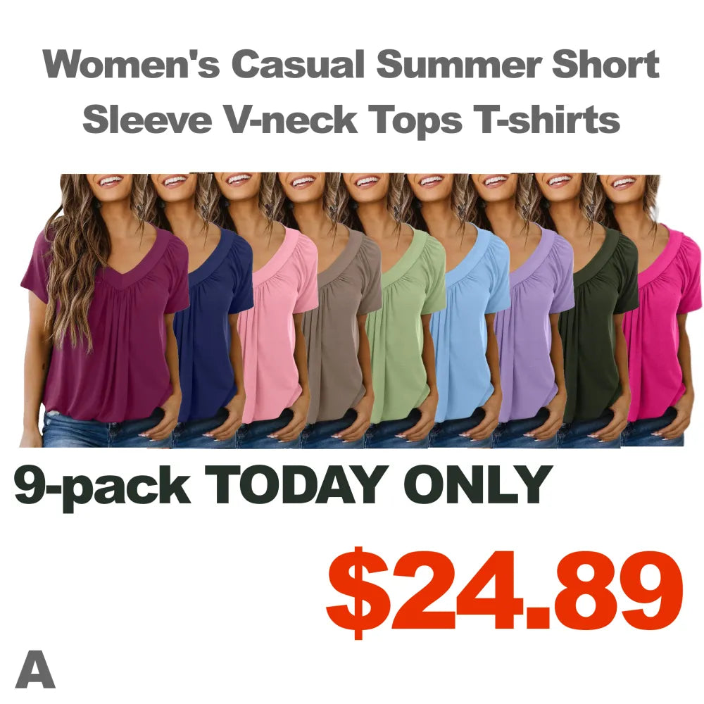 Women's Casual Summer Short Sleeve V-neck Tops T-shirts - Loose Fit & Comfortable Shirring Top
