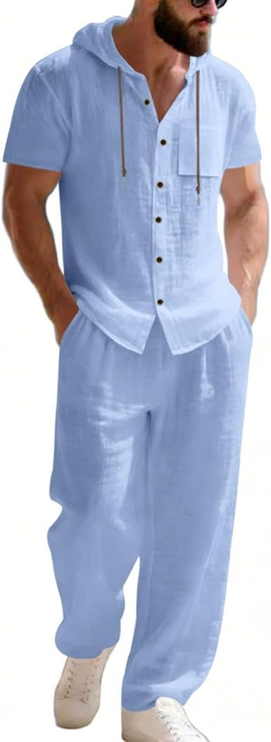 🔥Men’s Linen Hooded Short Sleeve Shirt & Pants Set – Lightweight Breathable Summer Casual 2-Piece Outfit