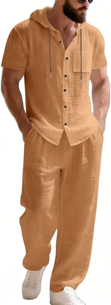 🔥Men’s Linen Hooded Short Sleeve Shirt & Pants Set – Lightweight Breathable Summer Casual 2-Piece Outfit