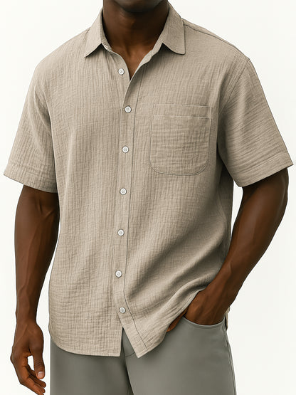Men's Comfortable Crepe Loose Casual Vacation Short Sleeve Shirt with Chest Pocket