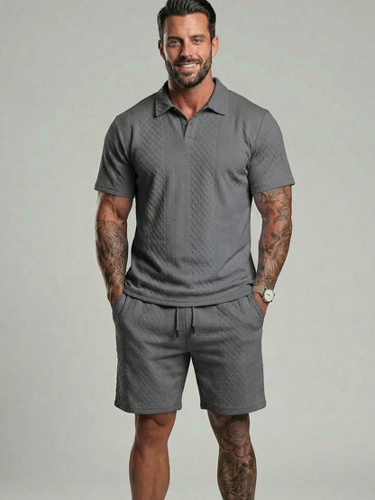 Men's Solid Polo Shirt & Drawstring Waist Shorts Set Cozy Breathable Two-piece Outfits for Daily Outdoor Wear Menswear Suits