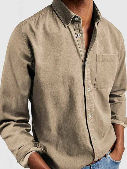 Men's Basics Vintage Washed 100% Cotton Pocket Long Sleeve Shirt