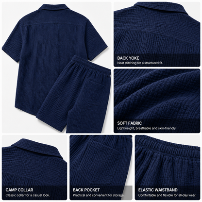 Limited Deal 8-Pack Men's Crinkle Cotton-Blend Camp Collar Shirt and Shorts Sets, Lightweight Breathable Relaxed Fit