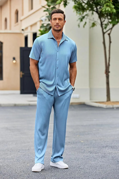 Men's 2 Piece Outfit Casual Short Sleeve Button Down Shirt Beach Summer Loose Pant Sets