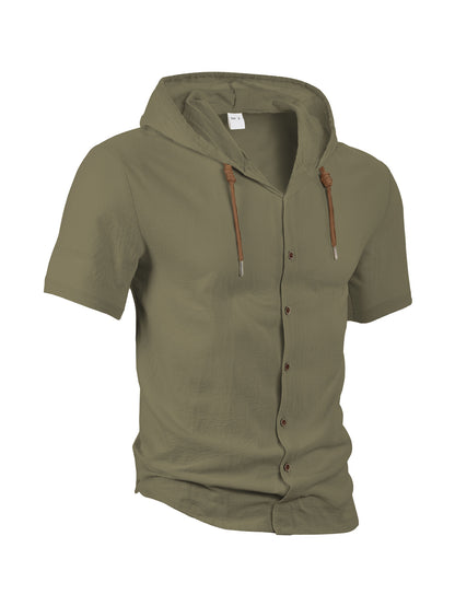 Men’s casual linen short-sleeve hooded shirt.