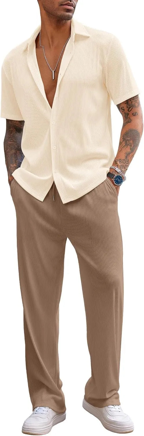 Men's 2 Piece Outfit Casual Short Sleeve Button Down Shirt Beach Summer Loose Pant Sets
