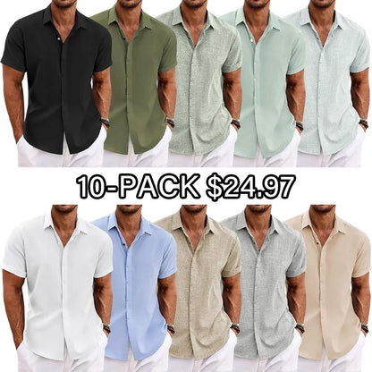 Men's Linen Shirts Short Sleeve Casual Shirts Button Down Shirt for Men Beach Summer Wedding Shirt