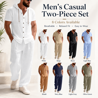 🔥Men’s Linen Hooded Short Sleeve Shirt & Pants Set – Lightweight Breathable Summer Casual 2-Piece Outfit