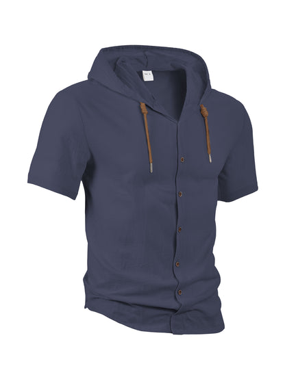 Men’s casual linen short-sleeve hooded shirt.