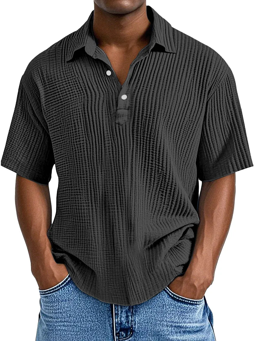 Men's Simple Daily Loose Pleated Texture Short Sleeve Lapel Polo Shirt