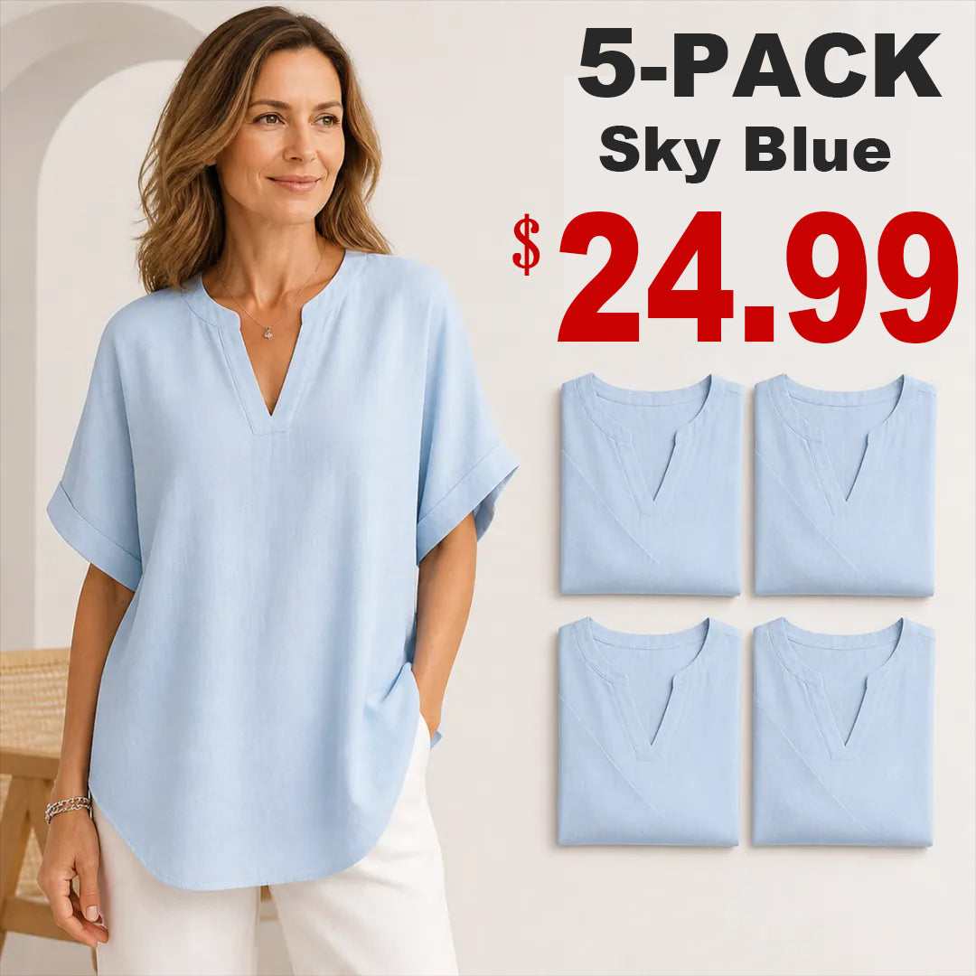 🔥Special Offer Event⚡10-Pack for Only $34.99⚡Women’s Loose-Fit Cotton-Linen Short-Sleeve Top with V-Neck and Rounded Hem