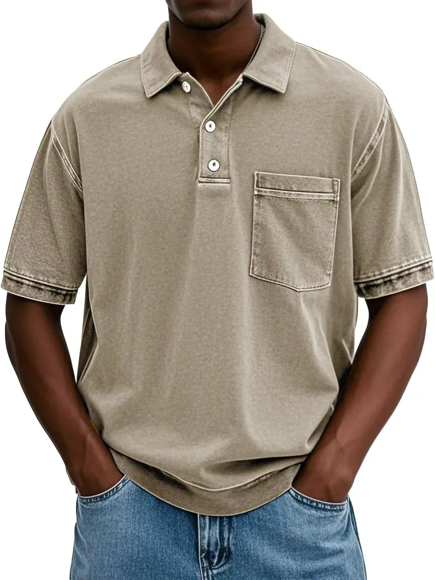 ✨VENTE FINALE✨ 10 pièces à seulement 34,99 € ✨ – Polo homme rétro délavé à col revers avec poche et manches courtes