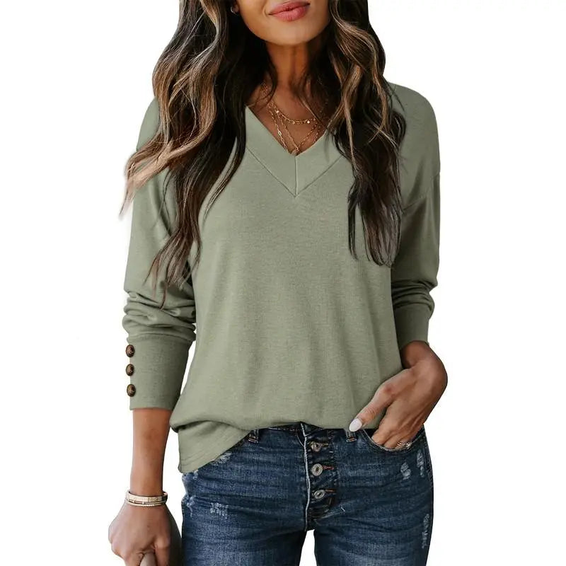 Women's Casual Long Sleeve V-Neck Pullover Shirts Loose Fit Lightweight Knit Tops