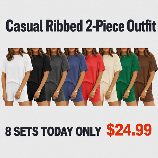 Women’s Ribbed Knit Lounge Set – Short Sleeve Top & High Waist Shorts